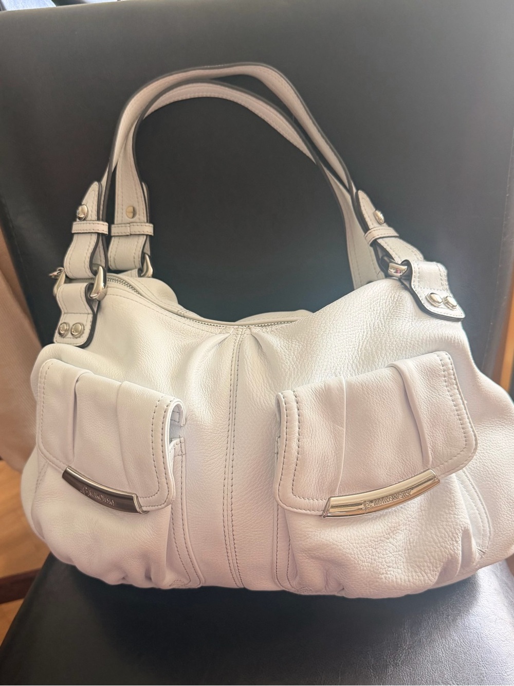 b. makowsky White Leather Shoulder Bag with Front Pockets